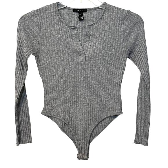 FOREVER 21 HIGH-RISE LONG SLEEVE RIBBED KNIT BODYSUIT, WOMENS, L, GREY, SNAPS - Picture 1 of 10